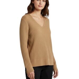 Cynthia Rowley Merino Wool Neutral Double V Neck Long Sleeve Knit Sweater XL Tan